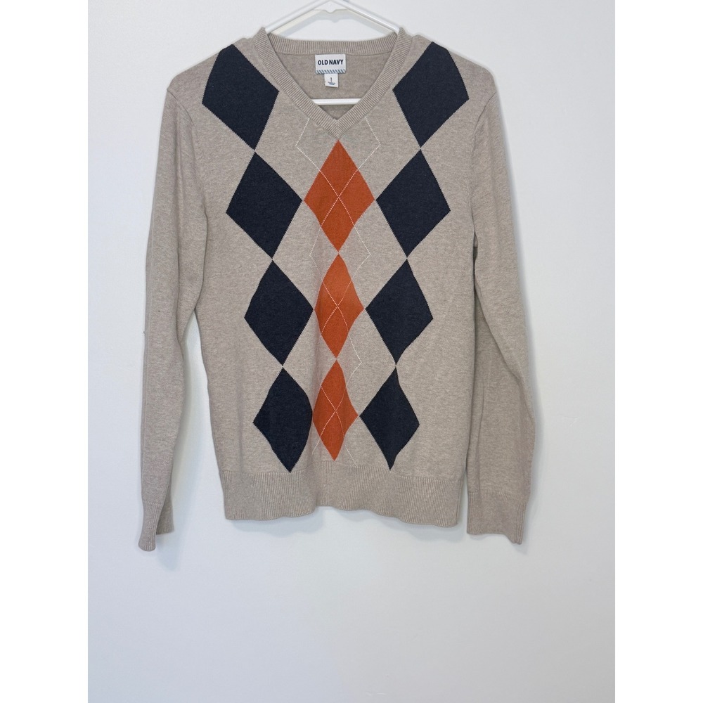 Old Navy Mens Argyle V-Neck Sweater Beige Navy Orange Small